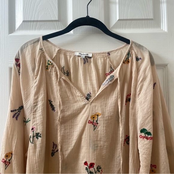 SALE! Madewell Botanical Embroidered Gauzy Cotton Tie-Neck Peasant Top Small - Picture 4 of 11